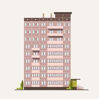 Multistory prefabricated panel building built in modern architectural style. Living house isolated on white background. Urban architecture and city construction. Flat colorful illustration. vector