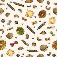 Seamless pattern with various types of raw pasta on light background - farfalle, conchiglie, rotini, rotelli, ravioli, stelle. Colorful hand drawn illustration for backdrop, fabric print. vector