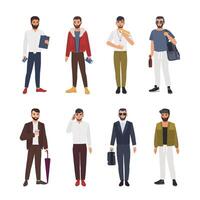 Collection of caucasian bearded men dressed in casual and formal clothes and standing in various poses. Male cartoon characters isolated on white background. Colored illustration in flat style. vector