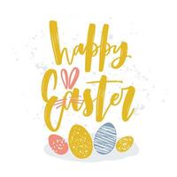 Happy Easter lettering or holiday wish written with artistic cursive font decorated by bunny ears on white background and colorful eggs. Hand drawn illustration for greeting card, postcard. vector