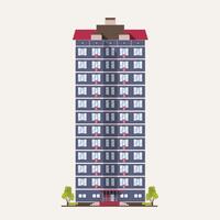 Tall city panel building with many floors built in modern architectural style. Multistory living house isolated on white background. Real estate architecture and construction. illustration. vector