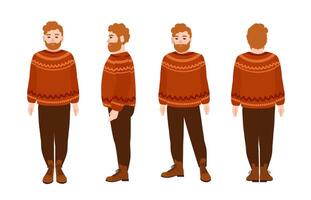Stout bearded redhead man in woolen jumper. Fat male cartoon character with red hair and beard wearing knitted sweater isolated on white background. Front, side, back views. illustration vector