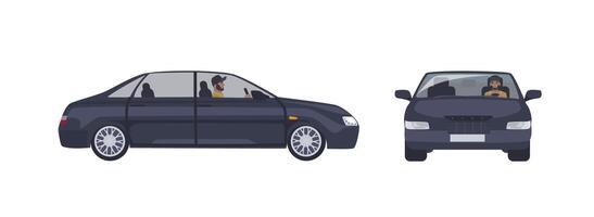 Bearded caucasian man in cap driving black sedan car isolated on white background. Male driver and his luxury automobile. Front and side views. Cartoon colorful illustration in flat style. vector