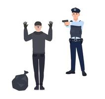 Policeman in police uniform pointing gun at robber or burglar. Cop arresting thief standing with hands up. Detention of criminal. Cartoon characters isolated on white background. illustration vector