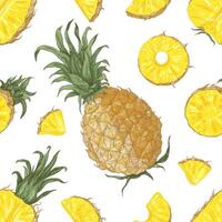 Seamless pattern with whole and cut pineapples on white background. Backdrop with exotic tropical ripe juicy fruit. Realistic illustration for wallpaper, wrapping paper, textile print. vector