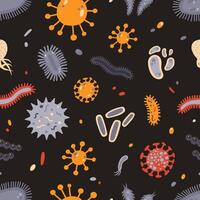 Colorful seamless pattern with different microscopic organisms on black background - microbes, germs, disease causing bacteria and viruses. Flat illustration for wallpaper, textile print vector