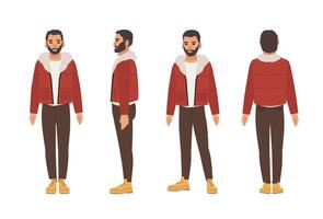 Cute smiling dark haired caucasian man with beard dressed in brown trousers and red jacket. Flat male cartoon character isolated on white background. Front, side and back views. illustration. vector