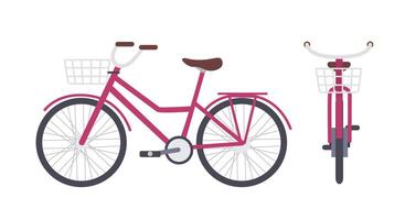 Elegant pink city bike or urban bicycle with step-through frame and front basket isolated on white background. Modern pedal-driven vehicle. Front and side views. Colorful illustration. vector