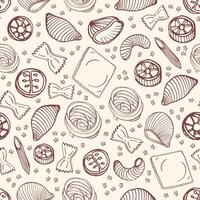 Monochrome seamless pattern with various types of raw pasta hand drawn with contour lines on light background - farfalle, conchiglie, rotini, rotelli, ravioli. illustration for textile print. vector