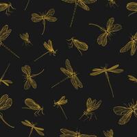 Seamless pattern with dragonflies hand drawn with yellow contour line on black background. Backdrop with gorgeous flying insects. illustration in vintage style for fabric print, wallpaper. vector