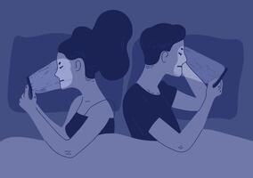 Pair of man and woman lying turned away one another in bed and surfing internet on their smartphones. Concept of sexual or intimate problem between romantic partners. Colorful illustration. vector