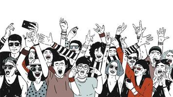 Large group of cheerful people or music fans standing with raised hands loudly screaming and singing. Crowd of spectators or audience of summer open air festival. Hand drawn illustration. vector