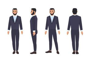 Caucasian business man or male office worker with beard dressed in smart suit or formal clothing. Flat cartoon character isolated on white background. Front, side and back views. illustration. vector