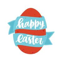 Happy Easter inscription or seasonal holiday wish written with decorative calligraphic script on red egg isolated on light background. Hand drawn illustration for greeting card, postcard. vector