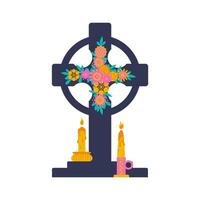 Grave Cross Carriage of Memory of the Dead with candles and flowers. Graveyard Tombstone and Cemetery Headstone. vector