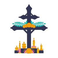 Grave Cross Carriage of Memory of the Dead with candles and flowers. Graveyard Tombstone and Cemetery Headstone. vector
