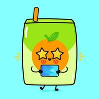 Juice with smartphone character. hand drawn cartoon kawaii character illustration icon. Isolated on blue background. Orange juice character concept vector