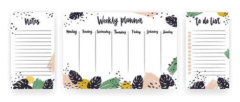 Creative weekly planner with week days, sheet for notes and to do list templates decorated with paint strokes and tropical monstera leaves. Modern scheduler with exotic foliage. illustration vector