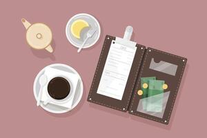 Cup of coffee, dessert on plate, creamer and opened bill holder with restaurant check and cash money, top view. Customer's payment for cafe service. Colorful illustration in flat style. vector