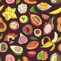 Bright colored seamless pattern with edible fresh juicy exotic tropical fruits on dark background. Backdrop with tasty sweet veggie food. illustration for fabric print, wrapping paper. vector