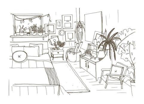 Monochrome sketch of comfortable bedroom furnished in Scandinavian style. Room full of cozy furniture and home decorations hand drawn with contour lines on white background. illustration. vector