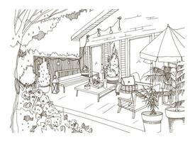 Freehand sketch of backyard patio or terrace furnished in Scandic hygge style. House veranda with trendy modern furniture hand drawn with contour lines on white background. illustration. vector
