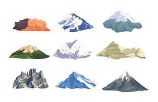Collection of mountain peaks and ridges isolated on white background. Bundle of various rock cliffs. Set of mounts. Colorful illustration in flat style for hiking or mountaineering logo. vector