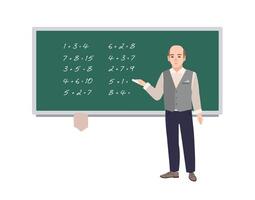 Male school math teacher writing mathematical expressions on green chalkboard. Smiling man teaching mathematics or arithmetic. Cartoon character isolated on white background. illustration vector