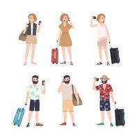 Set of male and female travelers with smartphones standing in various poses. Bundle of man and woman tourists talking on phone, taking selfie, reading messages. Flat cartoon illustration vector