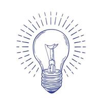 Glowing incandescent light bulb hand drawn with blue contour lines on white background. Monochrome drawing of electric lamp. Symbol of inspiring idea, discovery or solution. illustration vector