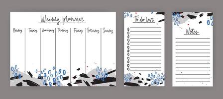 Weekly planner with weekdays, sheet for notes and to do list templates decorated with abstract blue and gray paint smears and scribble. Creative appointment scheduler. Modern illustration vector