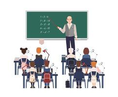 Male math teacher explaining addition to elementary school kids or pupils. Friendly man teaching mathematics or arithmetic to children sitting in classroom. Flat cartoon colorful illustration vector