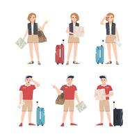 Collection of male and female travelers with map standing in various poses. Set of man and woman tourists trying to find touristic location or destination. Flat cartoon colorful illustration vector
