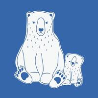 Angry mother and sad baby polar bears hand drawn with contour lines on blue background. Pair of cute funny cartoon Arctic animals, parent and child or adult and cub. Monochrome illustration. vector