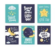 Bundle of colorful poster or flyer templates with Good Night and Sweet Dreams wishes with elegant lettering handwritten with calligraphic cursive font, clouds and stars. Flat illustration. vector