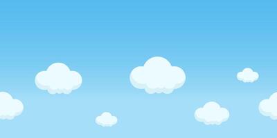 Blue horizontal background with white clouds. Patterned clear sky design for web banner, print, cover, decoration. vector