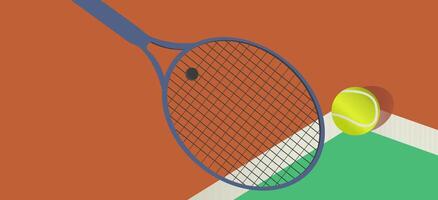 Tennis racket and ball horizontal banner. Playing sport design for advertisement, poster, app, web. vector