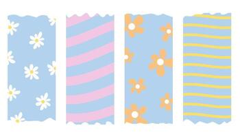 Washi tape, masking tape designs with flowers and wavy lines. Each isolated on white background. vector