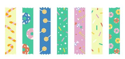 Washi tapes collection. Set of colourful scrapbook stripes or sticky label tags. Trendy patterned decorative scotch tape design with donuts, candies, lollipops and confetti toppings. vector