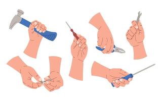 Male hands of repairman or mechanic with working tools, hammer, screwdrivers and pliers. Set of isolated cartoon design elements. vector