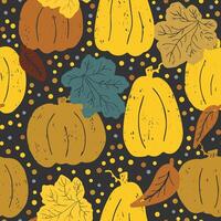 a seamless pattern with pumpkins and leaves vector