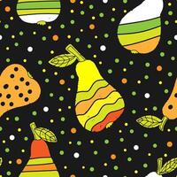 seamless pattern with pears and leaves on black background vector