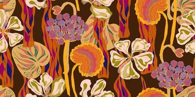 a pattern with flowers and leaves on a brown background vector