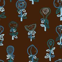 a pattern with flowers and leaves on a brown background vector