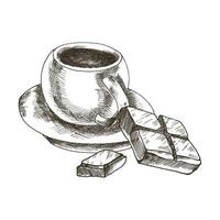 Black and white cup of coffee with chocolate pieces ink graphics. Breakfast hot beverage illustration, hand drawn cafe or bakery logo, label design. Menu, packing .poster decor vector