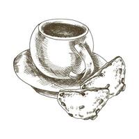 Ink illustration of coffee cup with biscuits black and white illustration. Hand drawn graphics, breakfast drink with sweet cookies clipart for cafe menu , poster, wallpaper design. vector