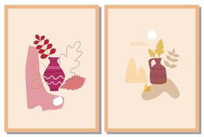 Two posters with vases and leaves vector