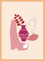 A pink vase with leaves and flowers in it vector