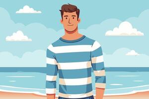 A cheerful man in a striped sweater by the beach. vector