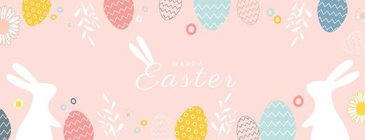 Happy Easter banner. Trendy Easter design with typography, eggs, bunny ears, in pastel colors. Modern minimal style. Horizontal poster, greeting card, header for website vector